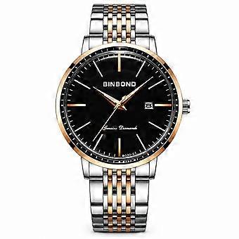 Men's Watch BINBOND Two-Tone Rose Gold Black Dial Steel Band Waterproof Luminous Ultra-Thin Large Dial Curved Screen JY