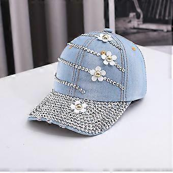 Dameszonnehoed voor buiten, gescheurde denim baseballpet met strassversiering, modieus en trendy, lichtblauw - one size fits all551