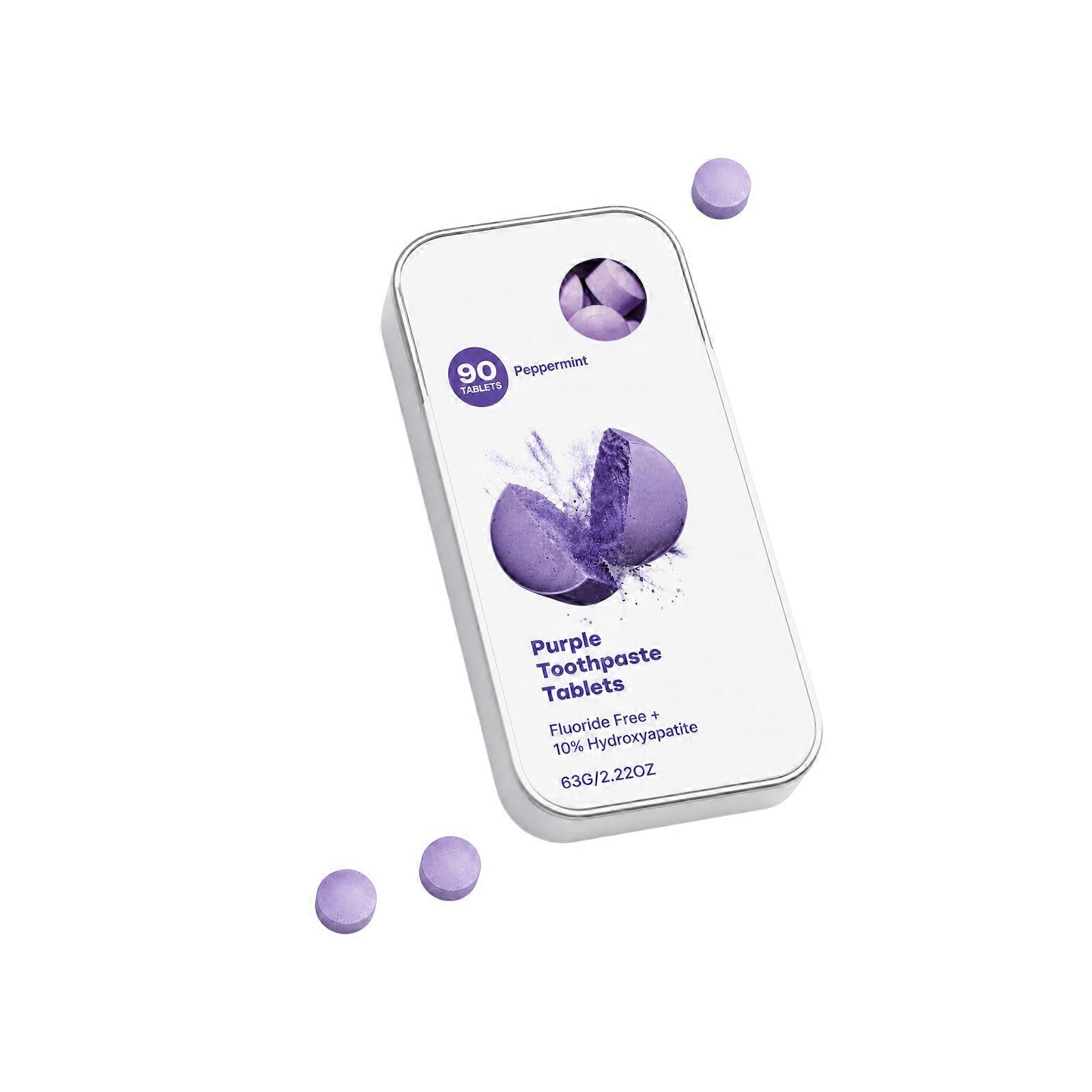 90 Tablets Purple Toothpaste Tablets Fluoride Free 10% Hydroxyapatite Peppermint Flavor Solid Toothpaste Tabs