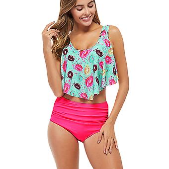 Veeki Swimsuits for Women Two Piece Bahting Suits Double Ruffled Swim Top High Waisted Bottoms Swimswear Bikini, Pink01, 2XL