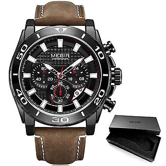 Megir Mænd 's Læderrem Army Sports Quartz Ure Vandtæt Lysende Kronograf Armbåndsur Man Relogios Clock 2094 Sort