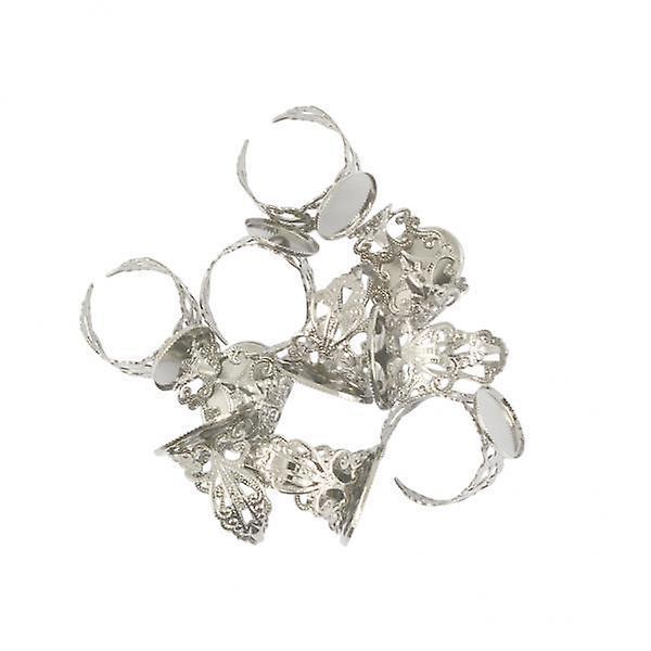 2x10 Piece Adjustable Brass Blank Bezel Filigree Flower Ring DIY Making White