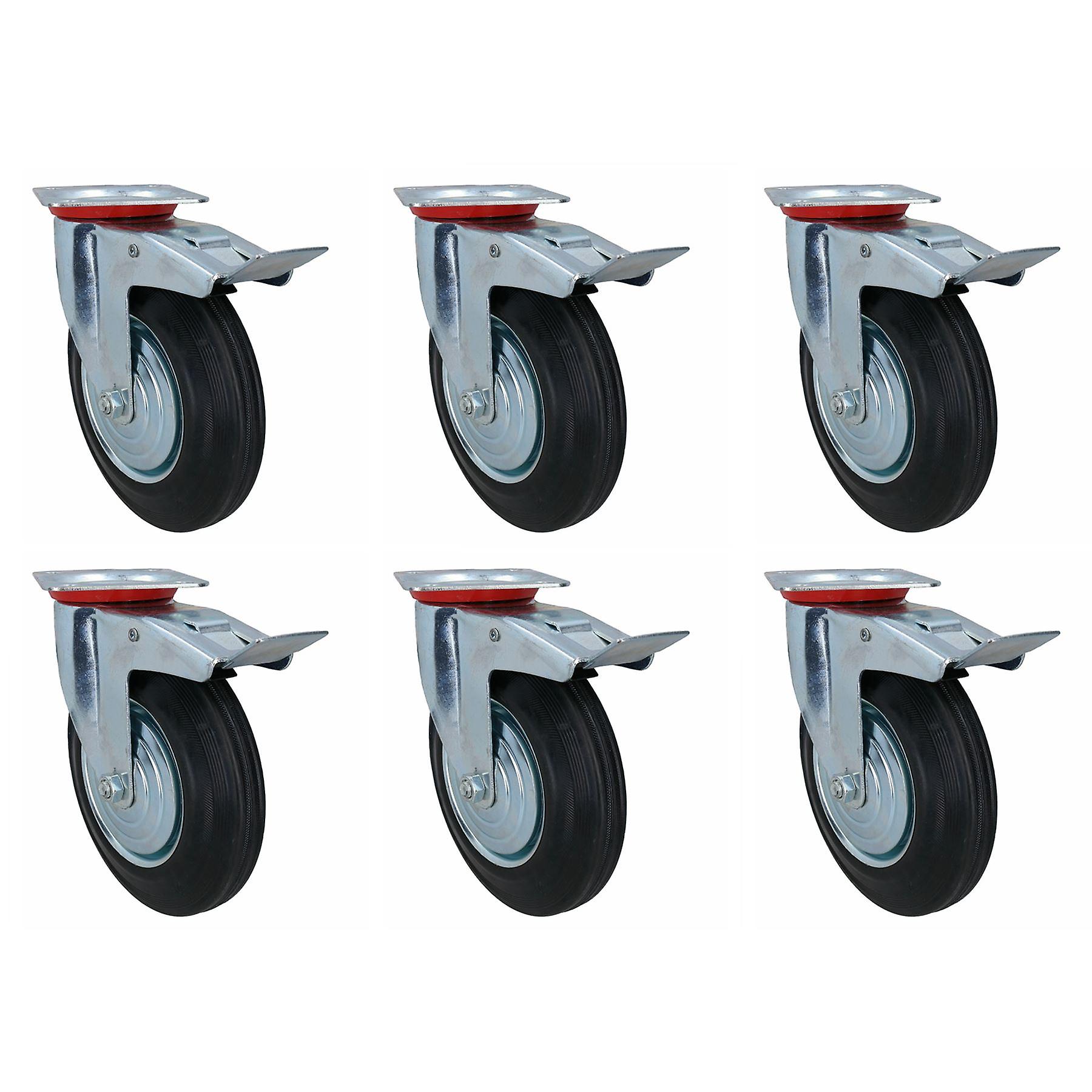 200mm (8in) HD Braked Castor Wheel Rubber Tyre For Trolleys Trucks Carts 6pc