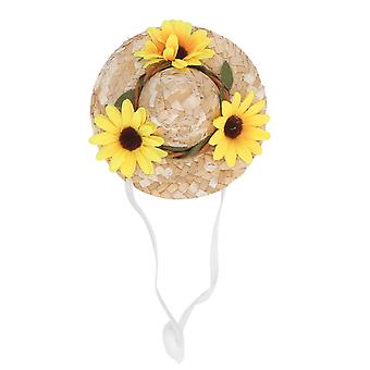 Pet Sombrero Hat Mini Stråhat Kæledyr Fødselsdagsfest Hatte med blomster til små og mellemstore hunde / katteGule blomster XS