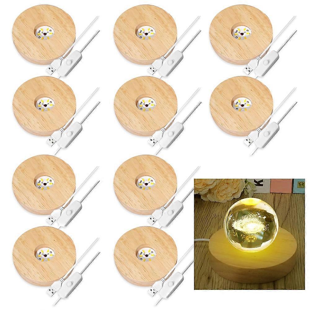 10 Pcs Wooden LED Display Bases Round Wood Display Lighted Bases for Glass Art LED Lighted Display Stand Bases