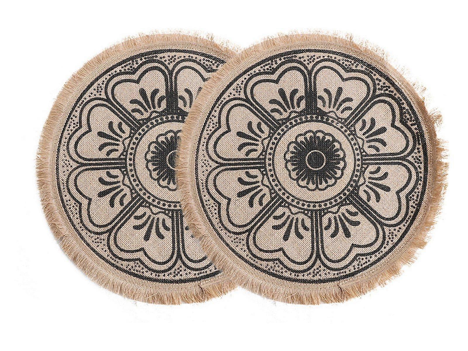 2Pcs 41cm Jute Woven Placemat Tableware Mat Dining Room Table Decor-Black Flower