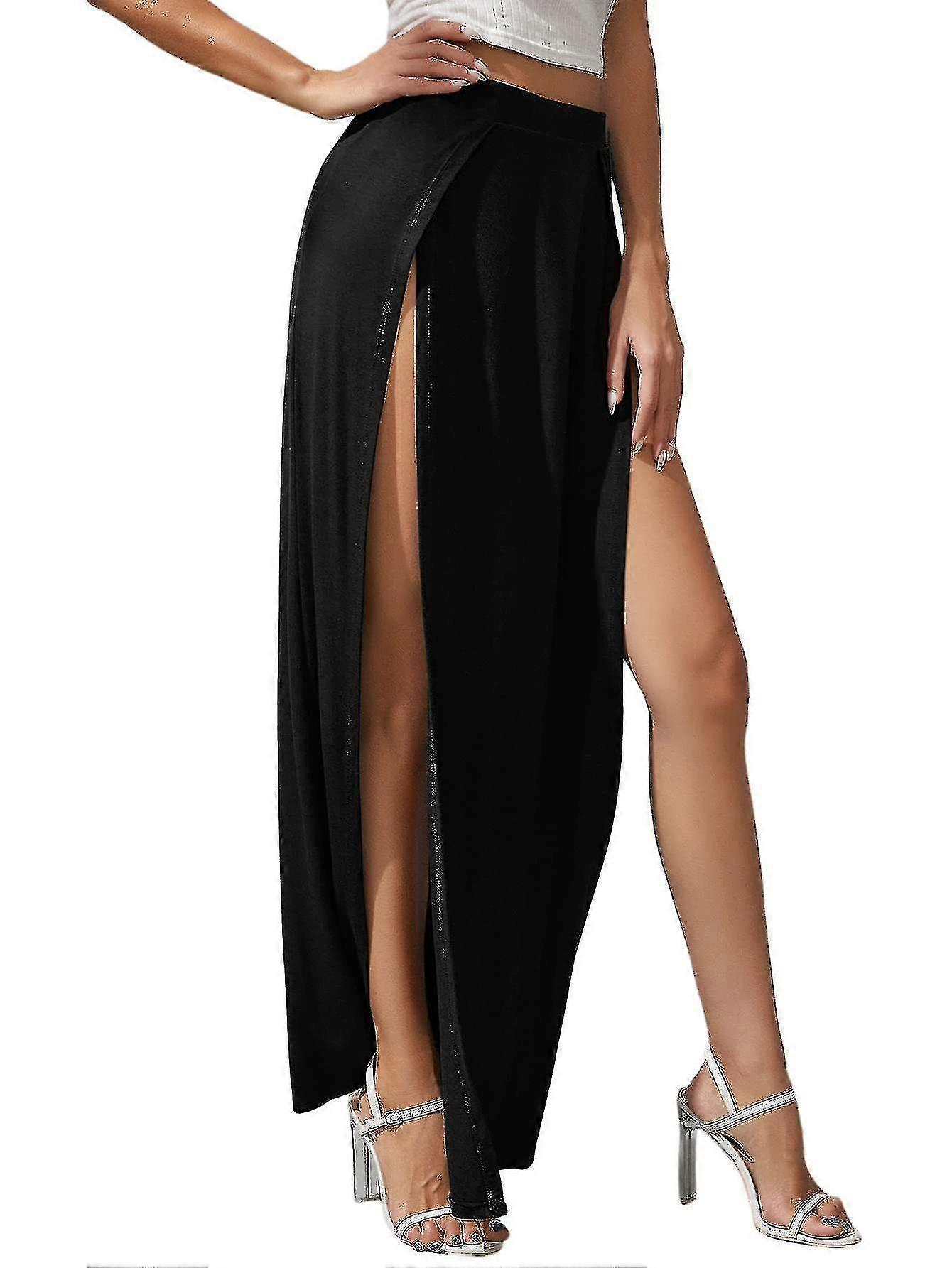 Dames Double Split Hoge Taille Dames Effen Jersey Stretch Twee Zijsplit Maxi Rok Ty