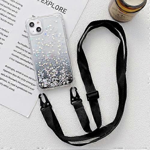 For iPhone 15 Gradient Glitter Epoxy TPU Thickened Acrylic Mobile Phone Case with Wide Lanyard