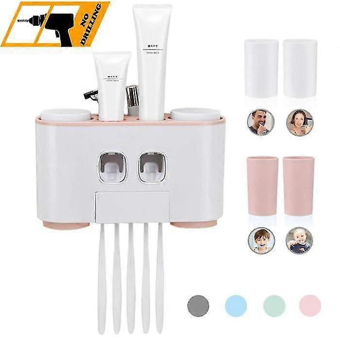 Automatic Toothpaste Dispenser And Toothbrush Holder, 2 Toothpaste Press With 5 Brushes With 4 Cups, Pink
