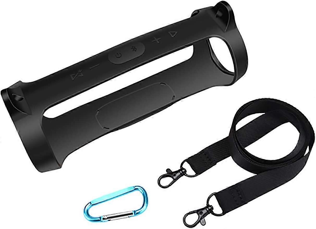 Silicone Case for JBL Essential Bluetooth Speaker with Shoulder Strap and Carabiner (Black)