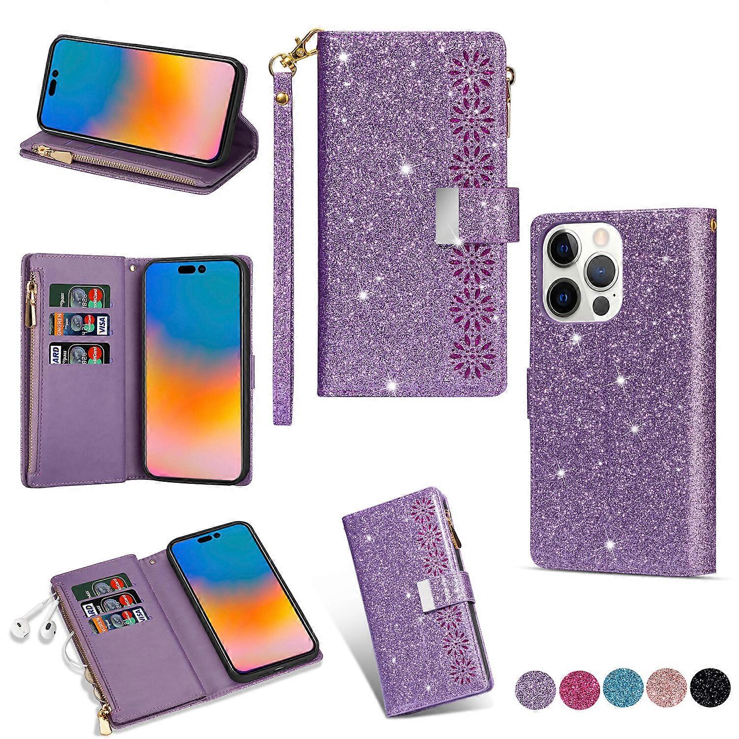 Compatible with iPhone 14 Pro Max Bling Wallet Case Glitter Leather Magnetic Stand with Card Slots Zipper Pocket Cover