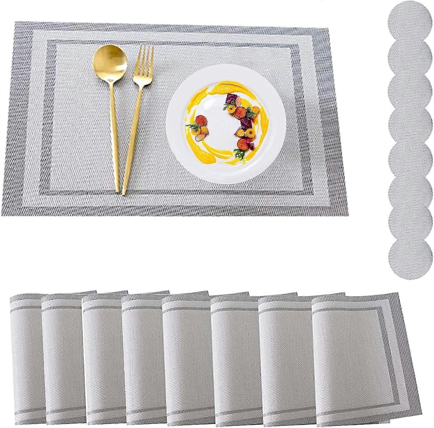 Placemats, Placemats and Coaster Sets 8, PVC Heat-resistant Table Mats Set Washable with 8 x Non-slip Placemats + 8 x Round Coasters for Kitchen Dinin