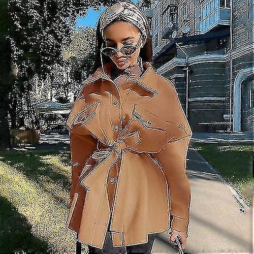 Turn Down Collar Wool Jacket Long Sleeve Khaki With Sashes