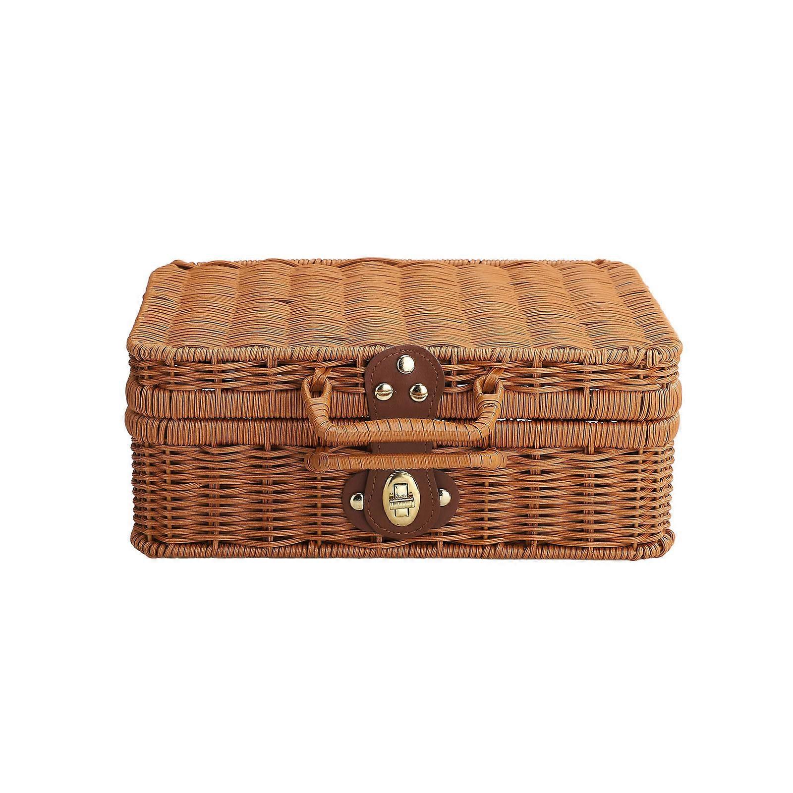 Storage Shelf Basket with Lid Rectangular Handmade Seagrass Rattan Woven Makeup Organizer Multipurpose