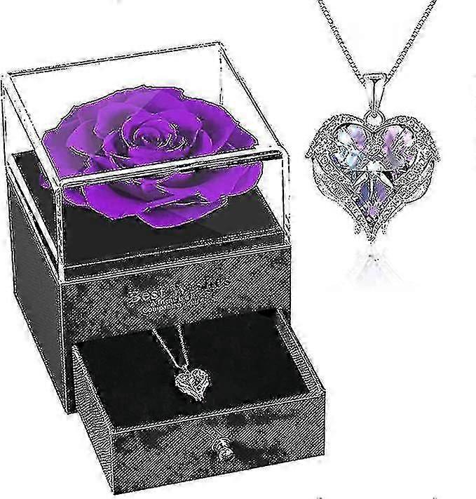 الحفاظ على وردة حقيقية مع الملاك الجناح الحب القلب قلادة هدية مجموعة لها يو