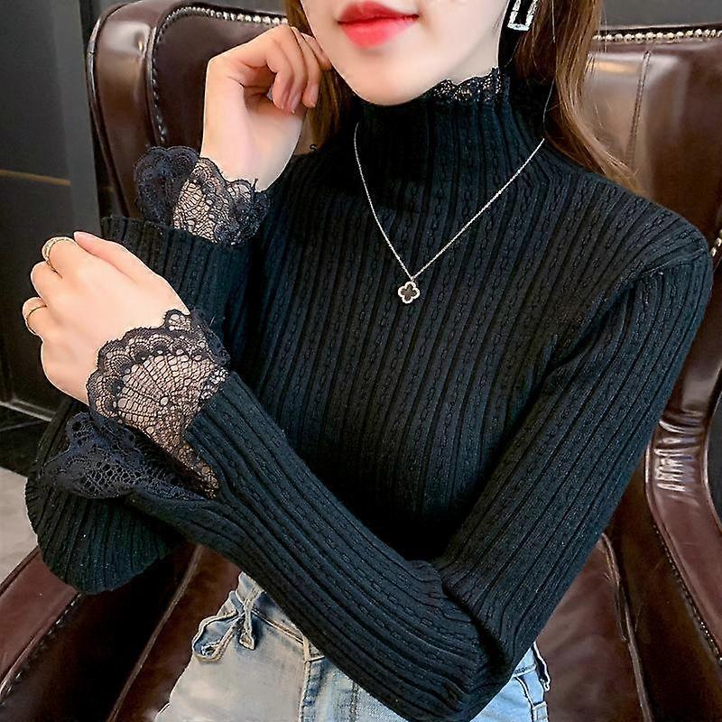 Lace Bottoming Shirt Women's Half Turtleneck Slim Sweater Knitted Top