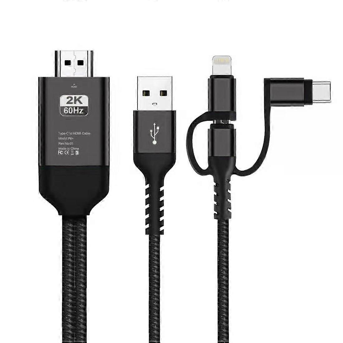 3 in 1 Micro USB + USB-C / Type-C + 8 Pin to HDMI HDTV Cable