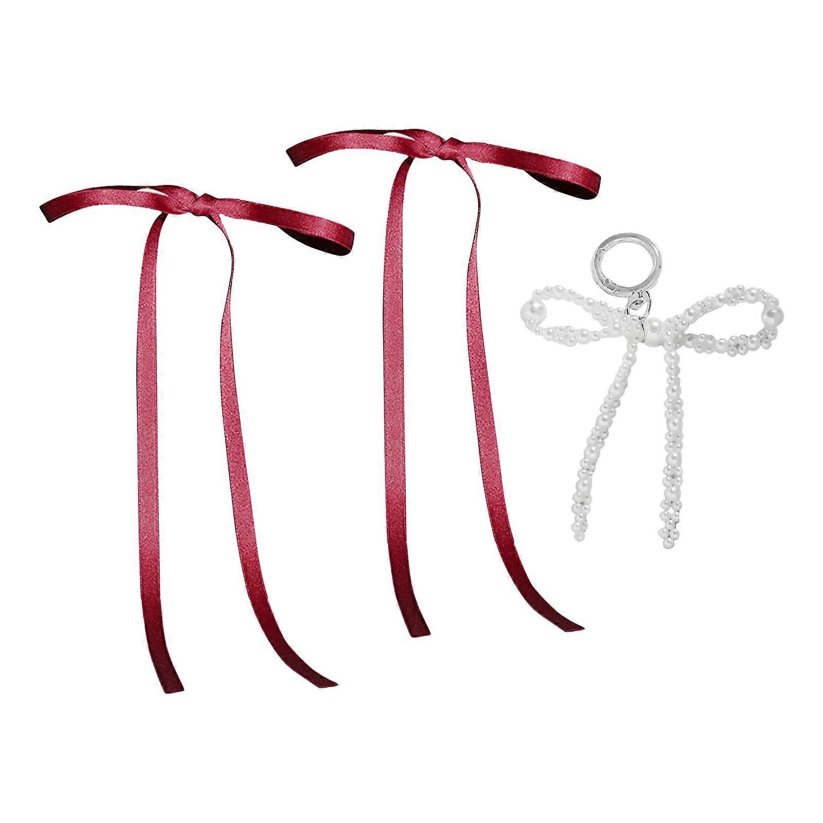 Colorful Pearls and Ribbons Bowknot Keychain Butterfly Knot Keyring Elegant Bag Accessory Beaded Accessories for Keys  Red