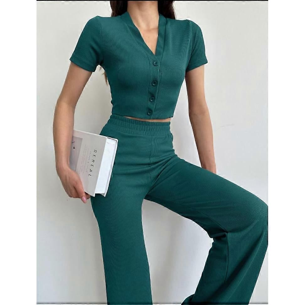 Womens Knit 2 Pc Set Button Crop Top / Trouser Set