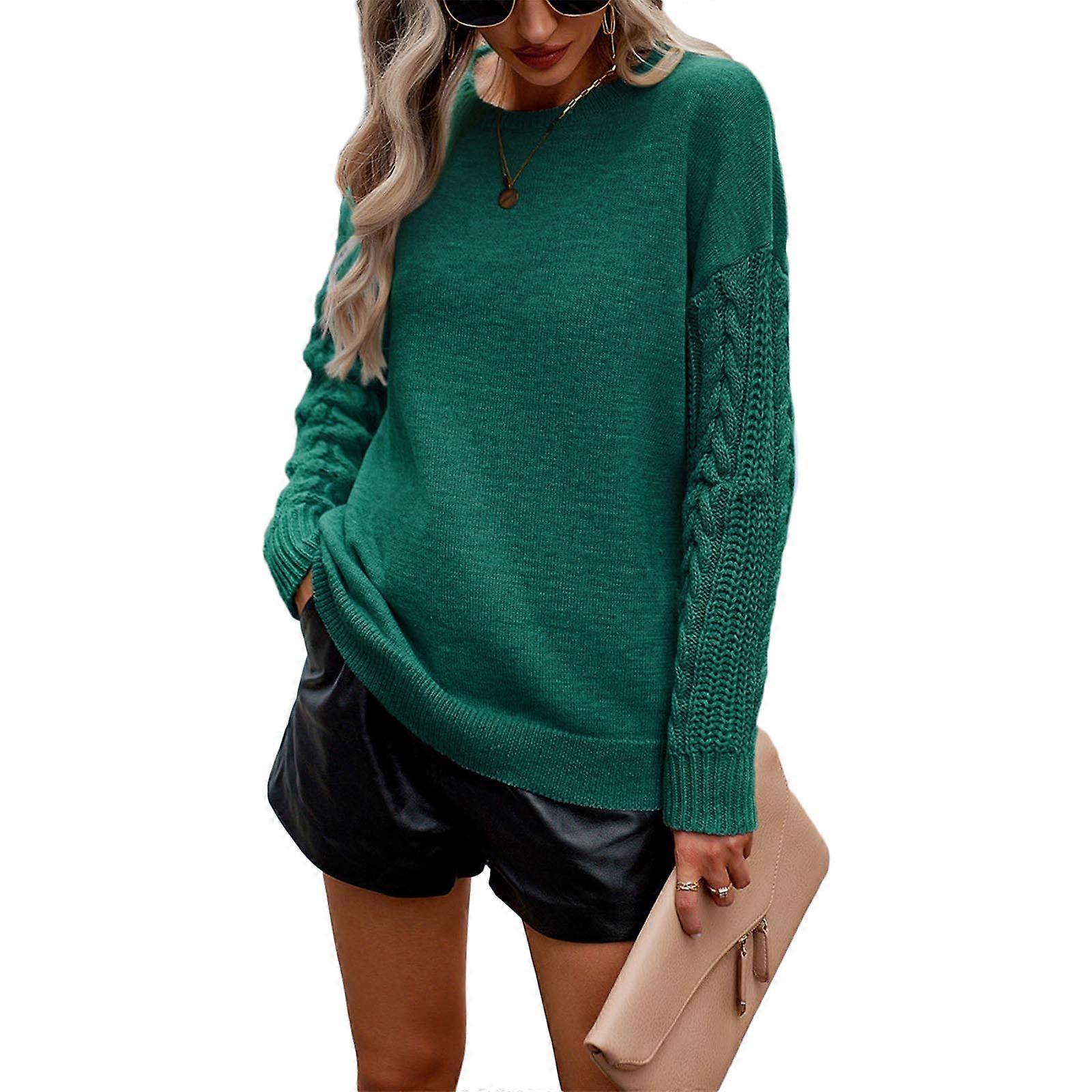 Damen Damen Zopfmuster Gestrickt Langarm Pullover Pullover Top Zopfstrickpullover Rundhalsausschnitt Pullover Grün