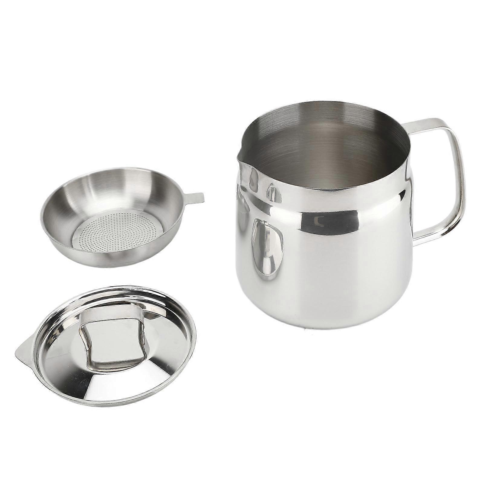 304 Stainless Steel Oil Filter Pot Multipurpose Large Capacity Bacon Grease Container Oil Filter Tank for Kitchen Supplies 1.5L