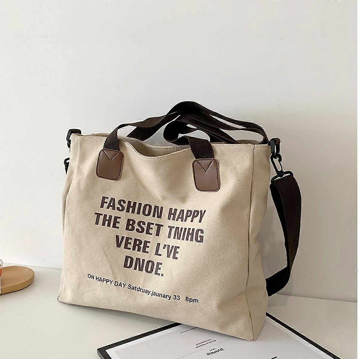 Khaki Free Size Prosta płócienna torba Damska torebka na ramię o dużej pojemności Torba do drukowania listów z kieszeniami na suwak