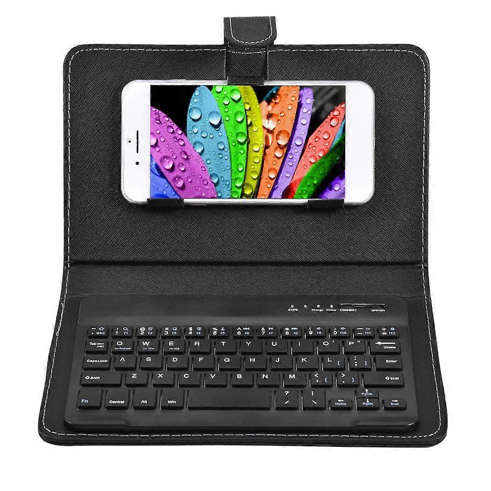 Wireless Bluetooth Keyboard with Leather Case and Holder Stand for iOS/Android Phones, Rechargeable USB Universal Removable Keyboard - Black