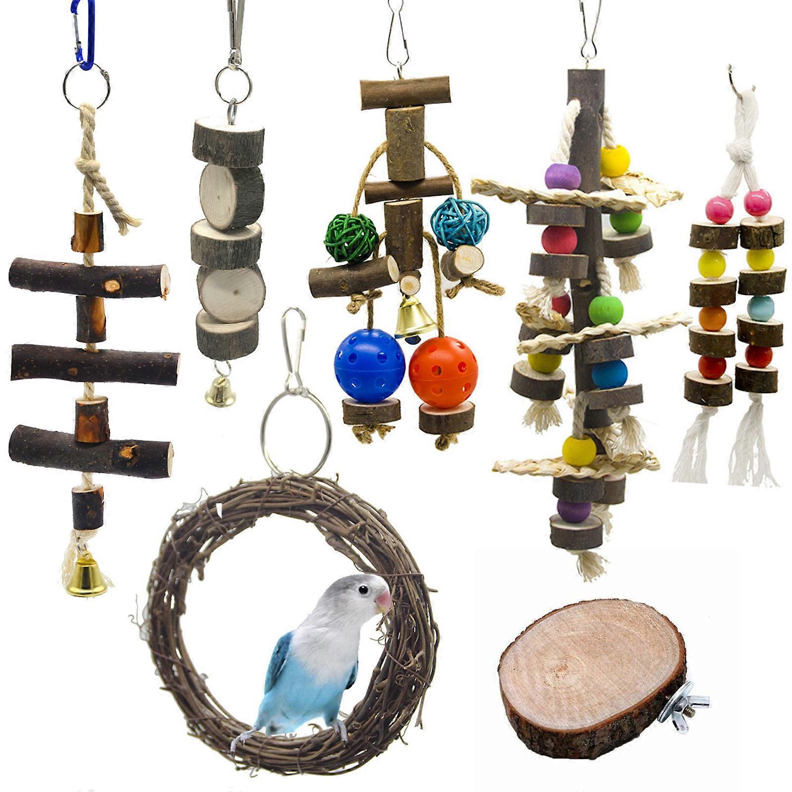 Parrot Toys 7 Pieces Set Including Swing Perch Platform Wood Chew Blocks Toys with Bells for Bird Cage Easy to Install