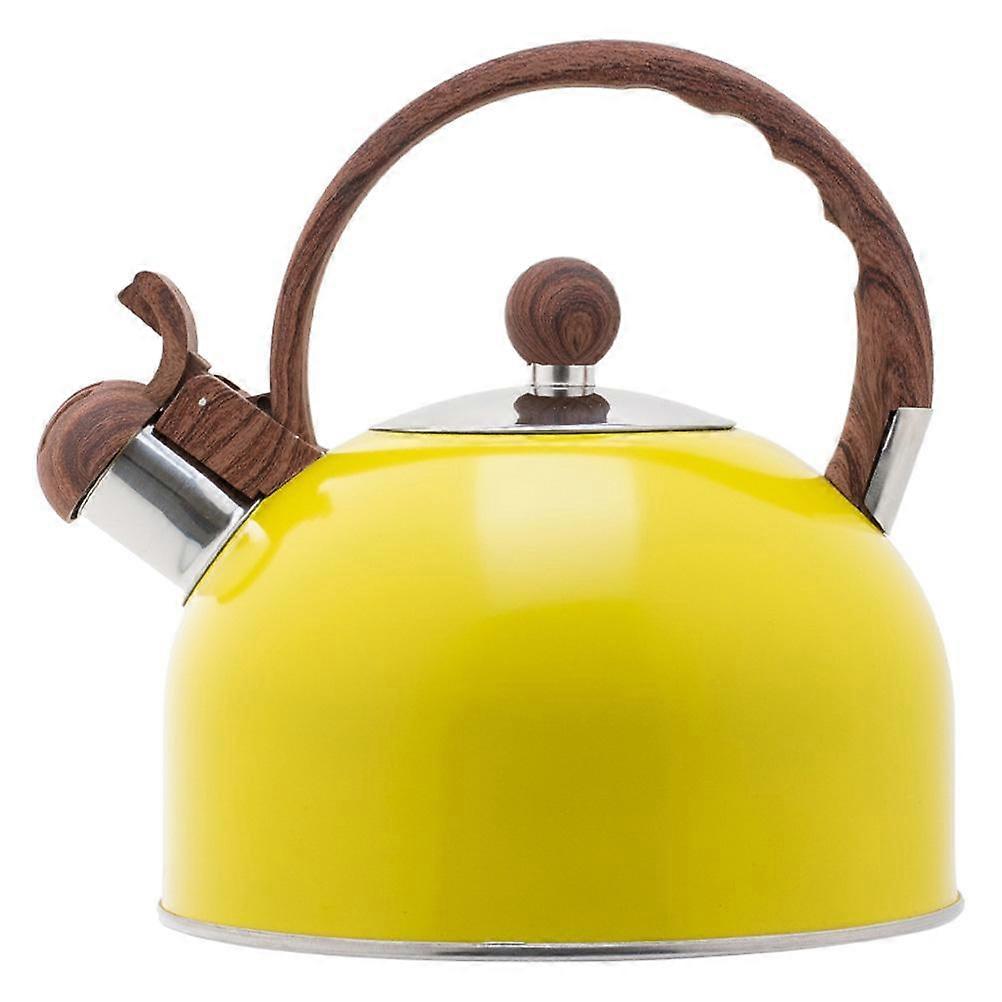 2.5L jaune en acier inoxydable sifflant bouilloire Théière de camping en plein air Conception durable Poignée en bois Utilisation à domicile Verser en toute sécurité