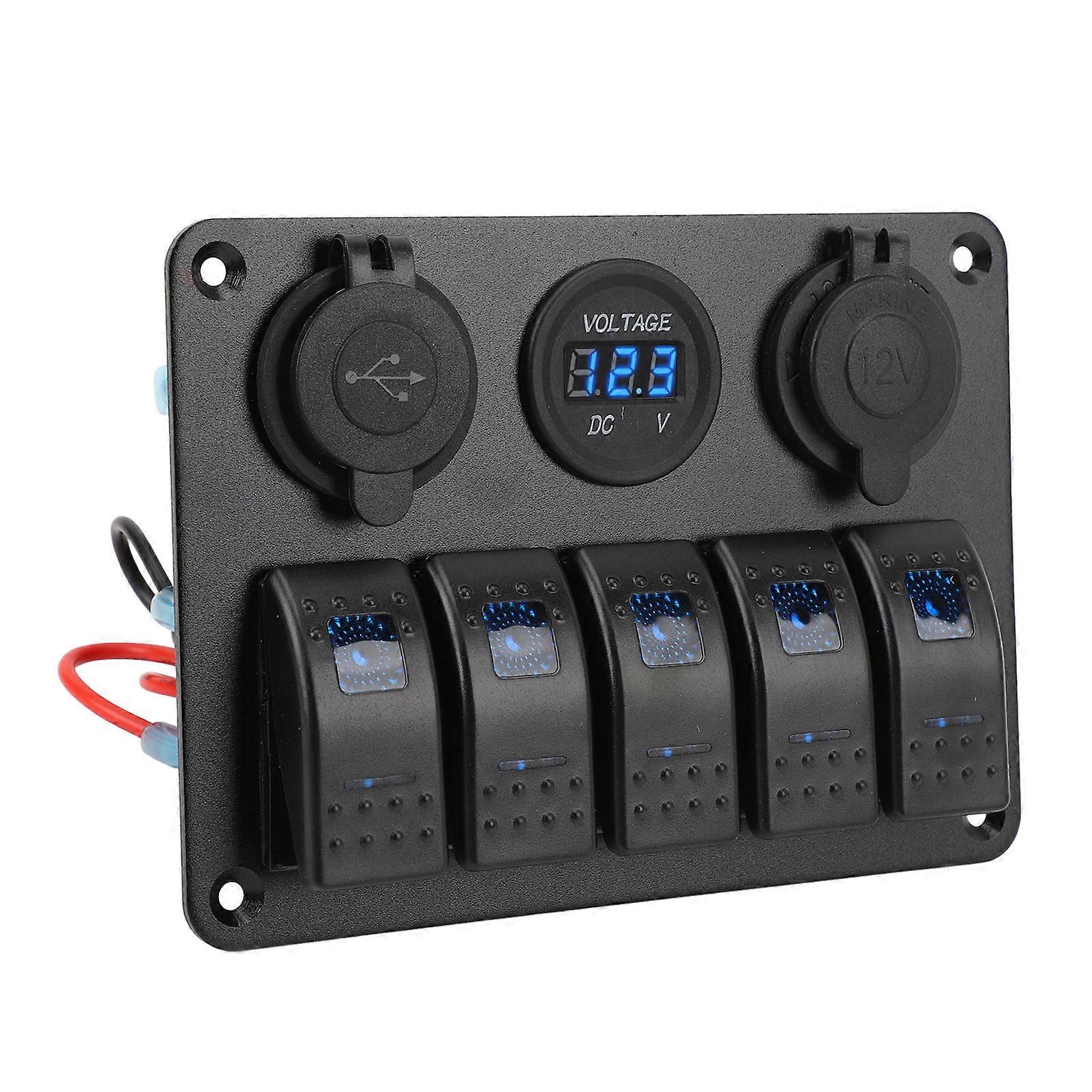 Switch Panel DC 12 to 24V 5 Gang Aluminum Alloy IP65 Water Resistant Prewired Rocker Switch Panel with Dual USB Cigar Lighter Socket Voltmeter Blue 