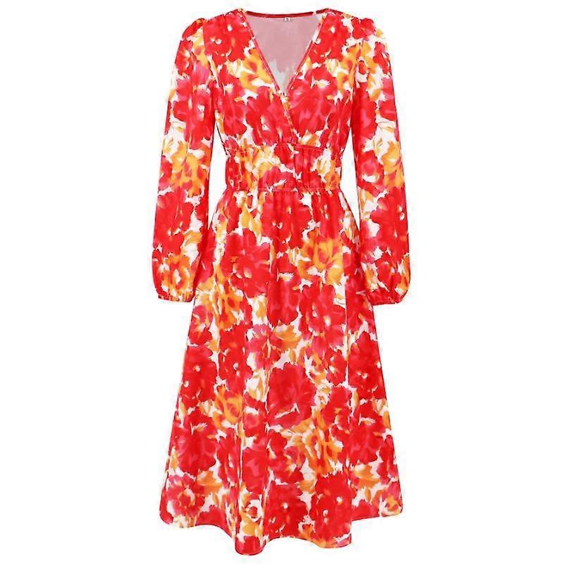 Spring and Autumn Women's Dress Slim Temperament Printing Waist Long Sleeve Dresses