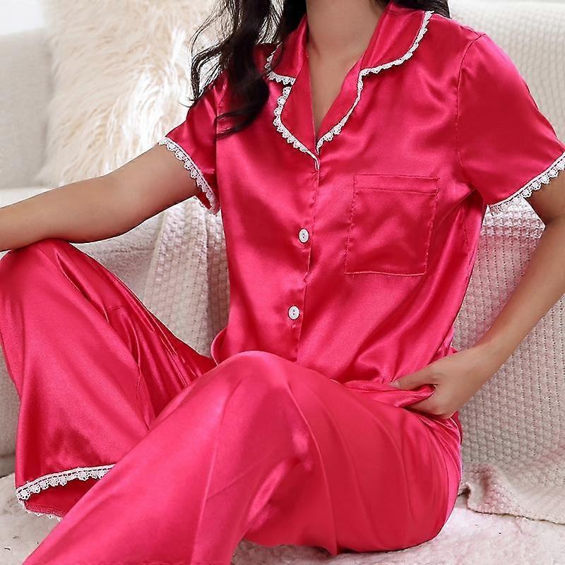 Women's Pajama Butterfly Cherry Print Satin Pijama Set Short Sleeve Buttons Top Elastic Waistband Pants Sleepwear Loungewear