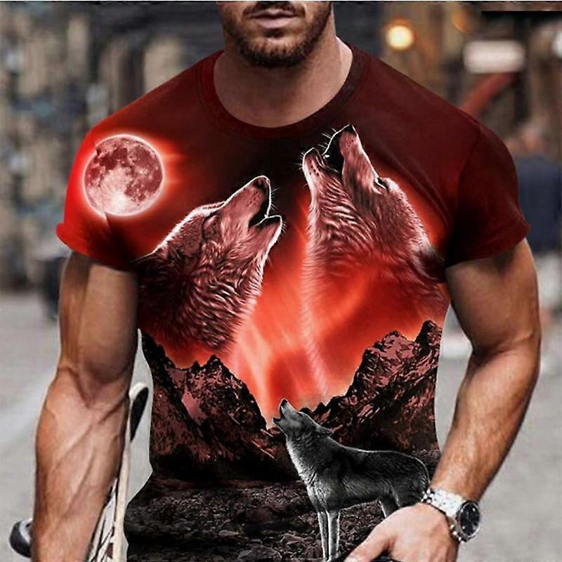 Nova camiseta masculina de verão com estampa de lobo e lua.
