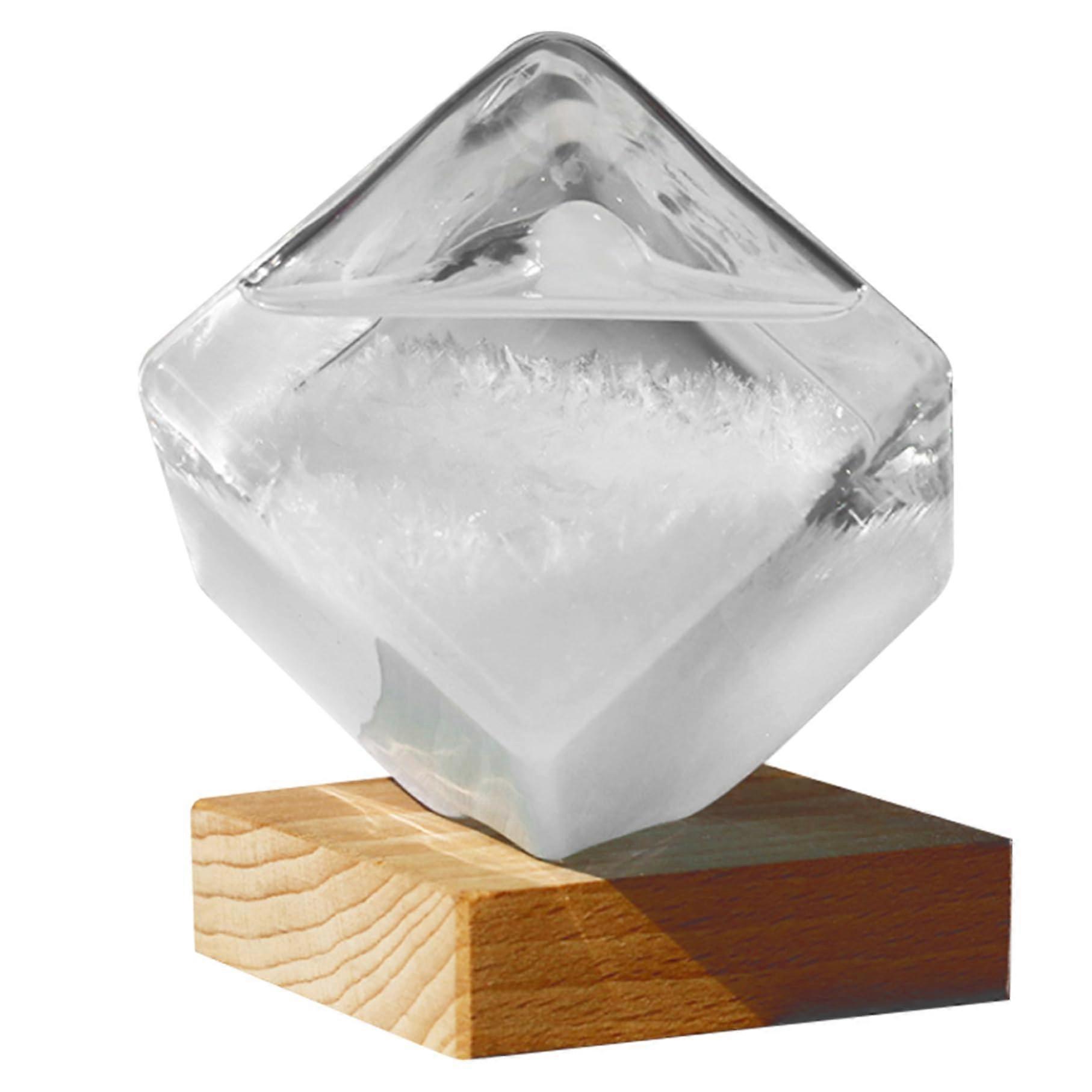 Storm Glass Weather Forecast Station, Transparent Water Cube Shape Desk Decor with Wooden Base for Home Office Use