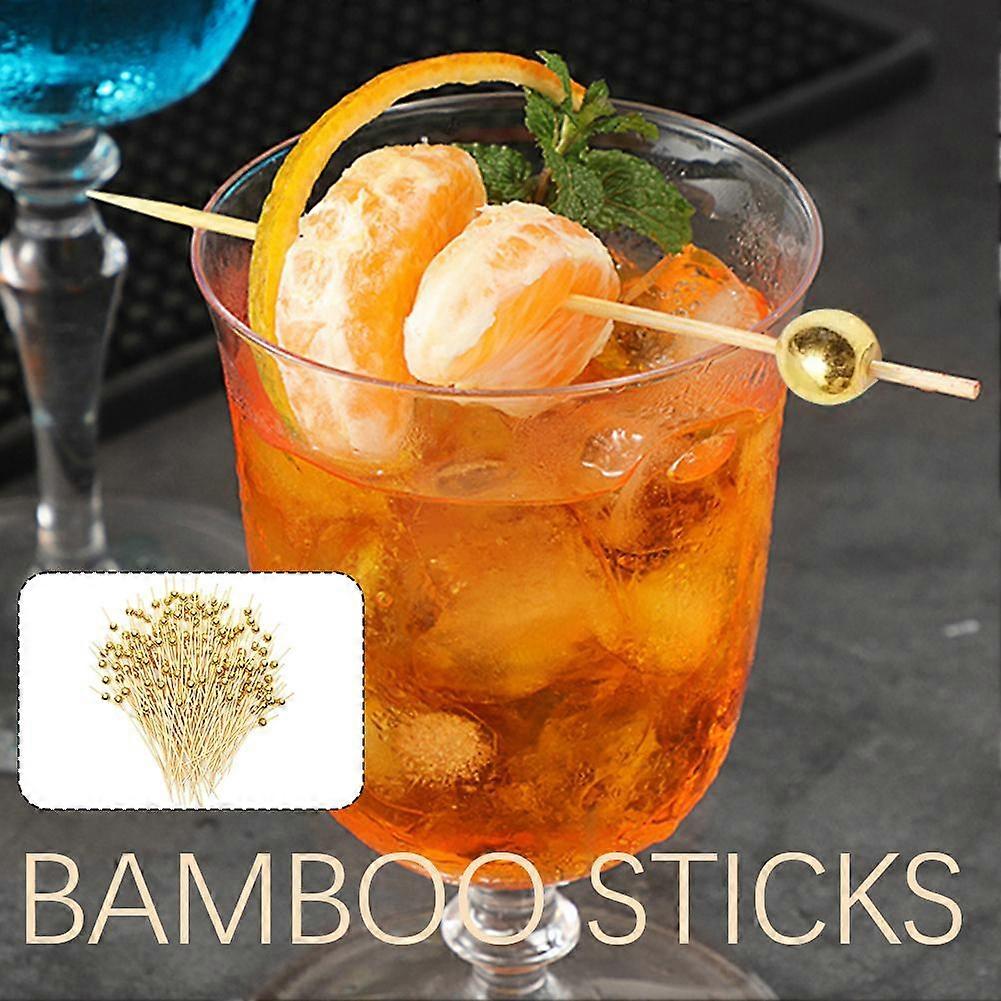 12cm100pcs/pack(A)$Electroplated gold bead fruit stick bamboo fruit fork disposable decorative bamboo stick creative string stick