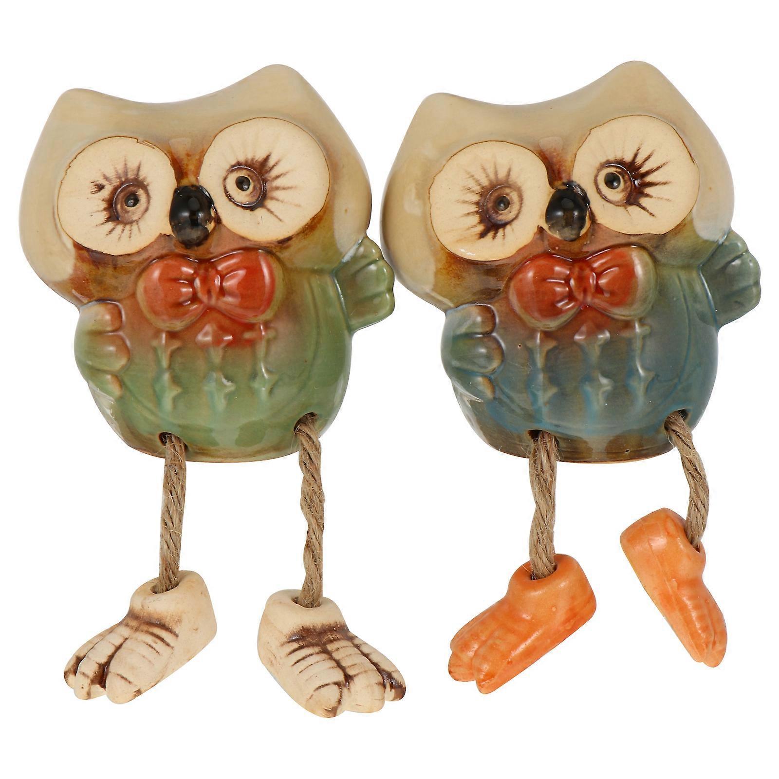 Ceramic Owl Figurines with Hanging Feet Swinging Sitting Dolls for Desktop and Bookshelf Decoration