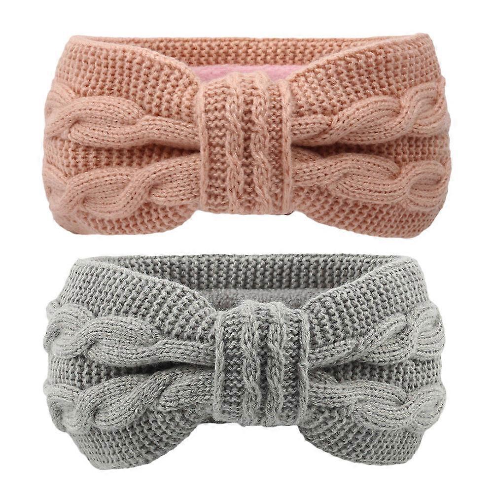 Ski Headband Warm Headband Twisted Bow Shape Light Gray Flannel Cold Weather Daily Use Women 2Pcs