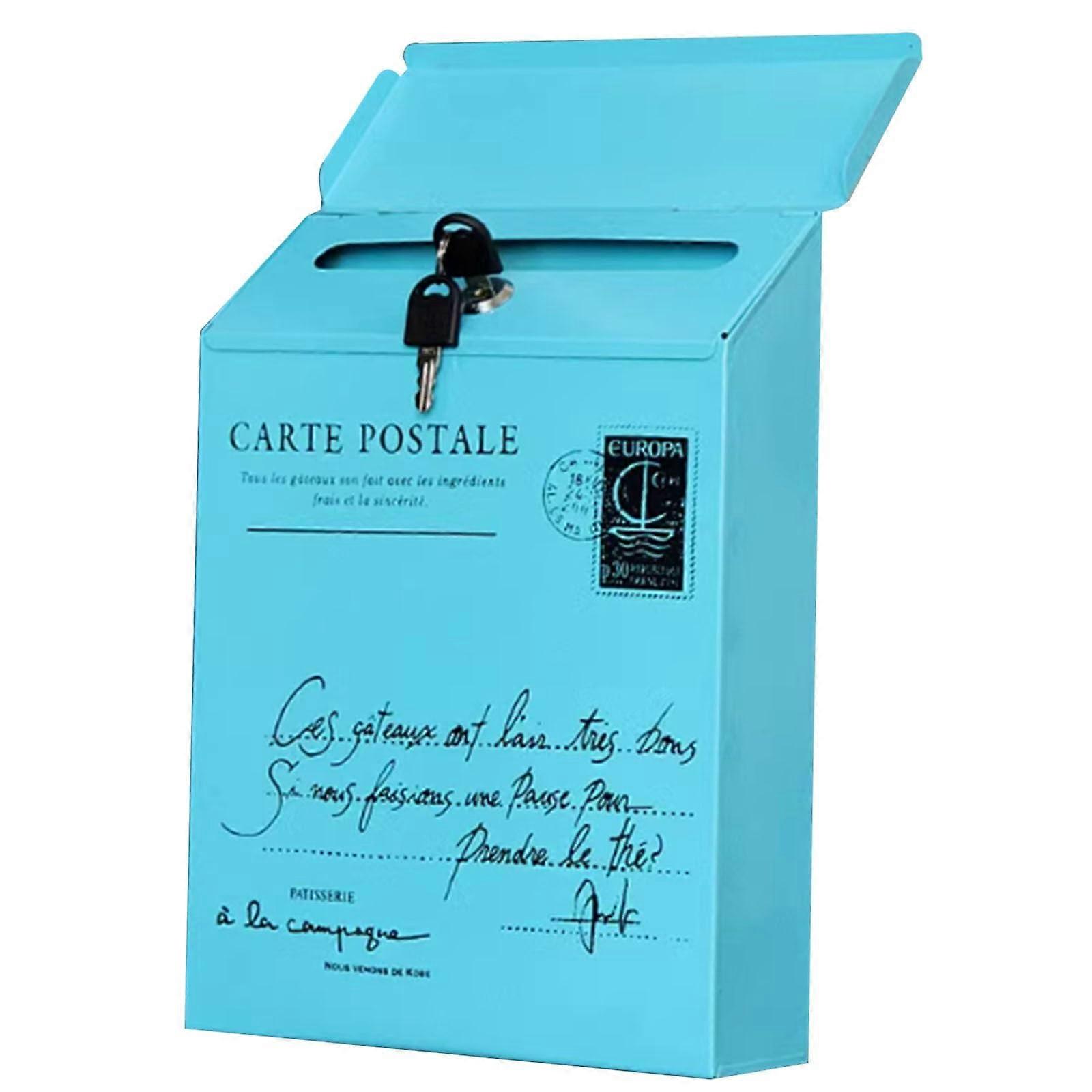 Wallmounted mailbox, outdoor mailbox, small capacity, suitable for standard letters, lockable mailbox for house or apartment, 29x21x6cm (Blue).