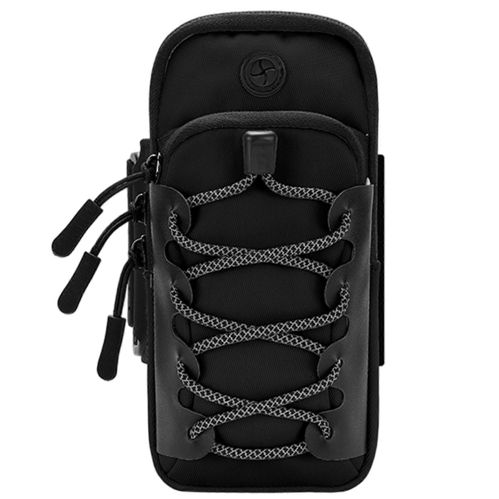 Duallayer nonslip waterproof nylon phone armband with headphone hole, zipper, and adjustable strap for running, gym, cycling, and sports.