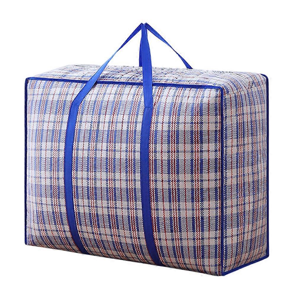 Size M Moisture Proof Grid Pattern Woven Storage Bag for Moving Clothes Bedding Organization, 60 x 42 x 23cm Blue