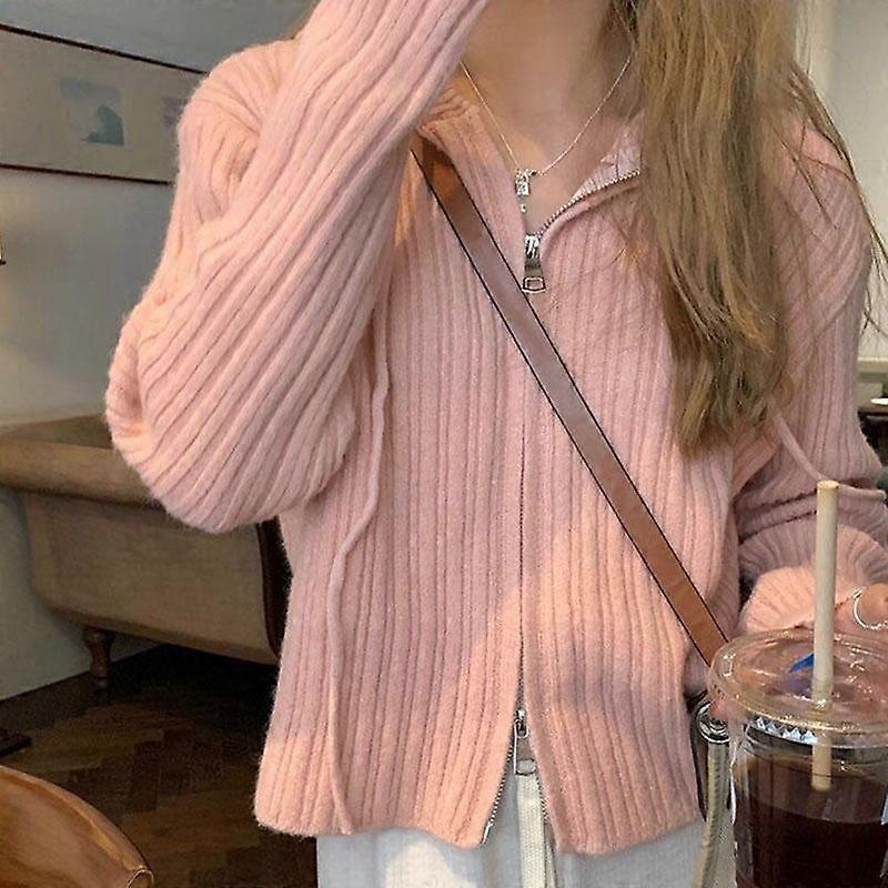 Korean Style Unique Double Zipper Hooded Knitted Cardigan Women Spring and Autumn Advanced Short Sweater Cardigan Female Coat