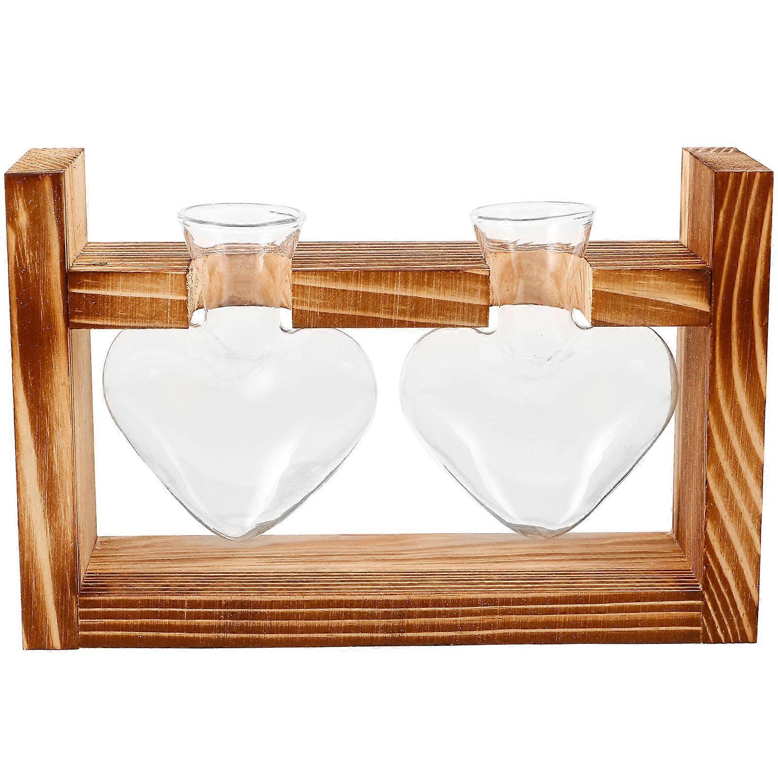 1 Set Heart Shaped Plant Terrarium Vase with Wooden Stand Transparent Glass Planter