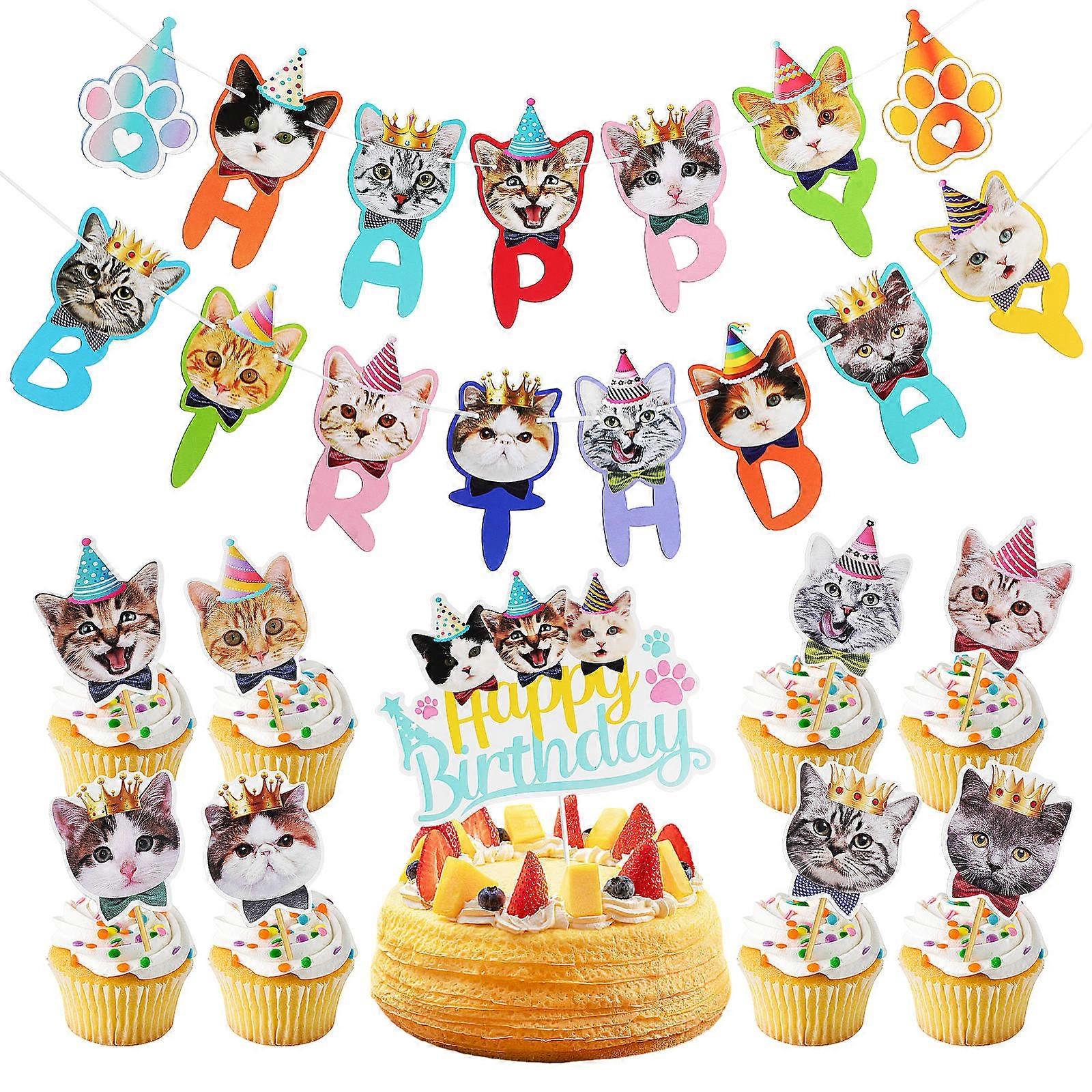 Cat-Themed Birthday Decorations Featuring Cake Toppers And Banners Suitable For Pet Lovers Celebrating Their Cats Birthdays 1 Set