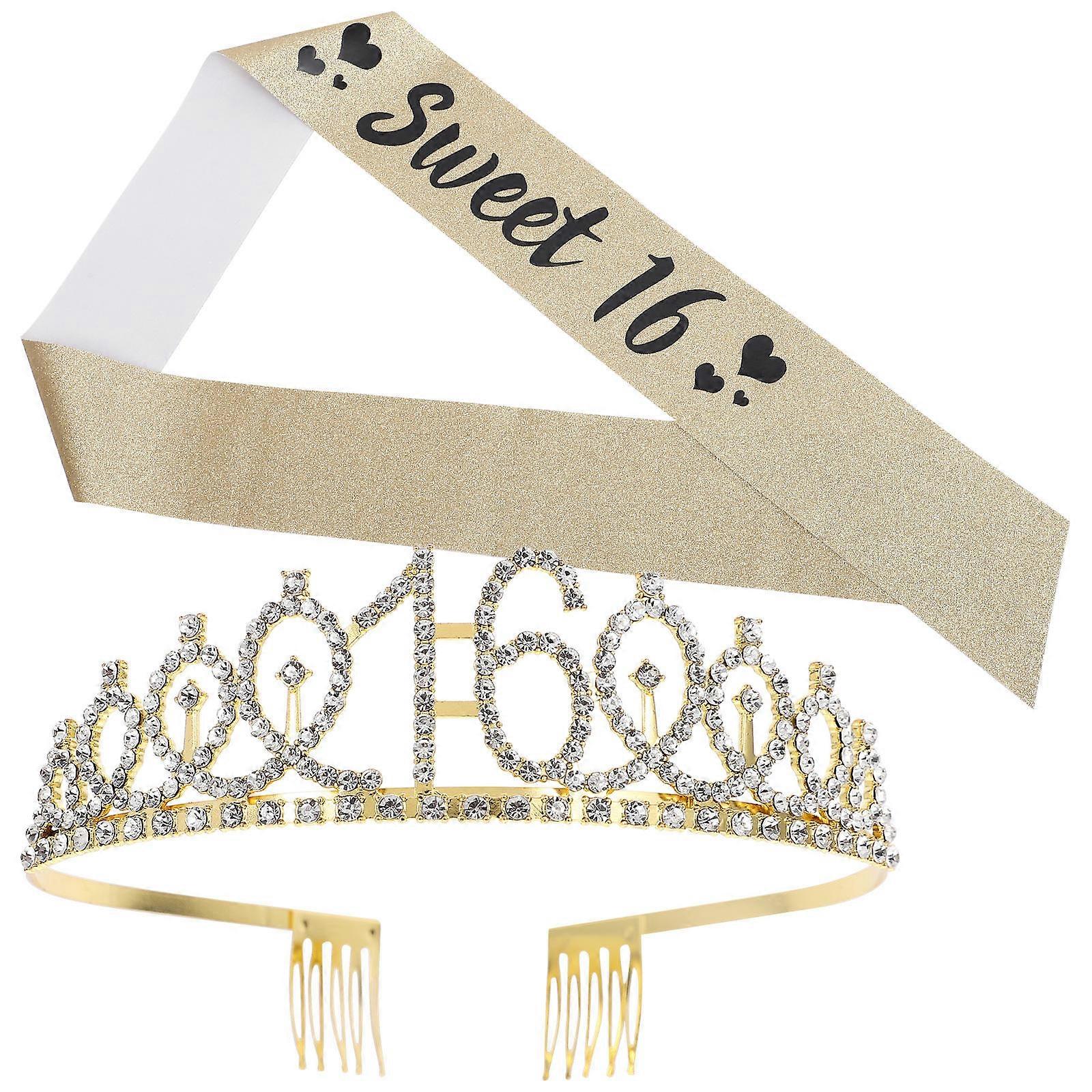 Decorative Party Crown Set Birthday Accessories For Girls Stylish Birthday Sash And Crown Golden 1 Set