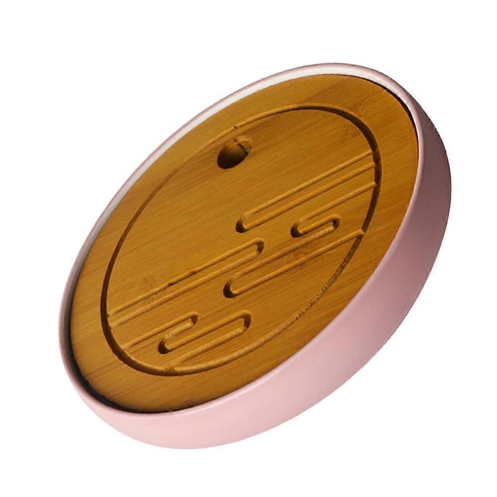 Practical Round Tea Tray For Preventing Spillage In Home Use Made With Pink Ceramic And Wood 1Set