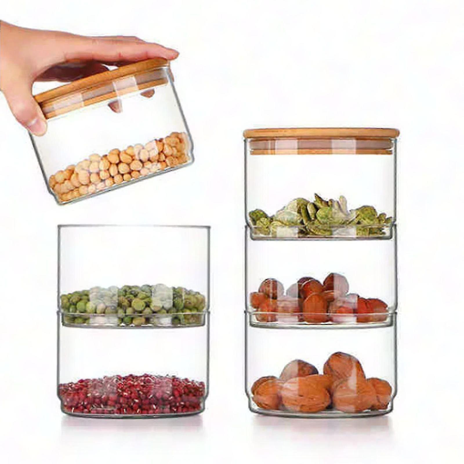 Stackable Glass Jars With Bamboo Lids, Airtight Sealed Storage Containers For Kitchen Pantry Organization