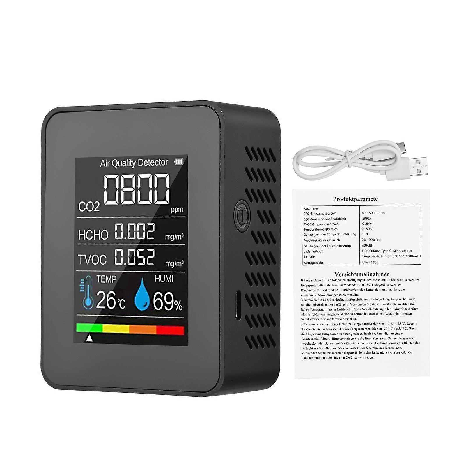 Portable Air Quality Monitor Indoor CO2 Detector 5 in 1 Formaldehyde HCHO TVOC Tester LCD Temperature Humidity Tester Rechargeable CO2 Alarm Meter fo