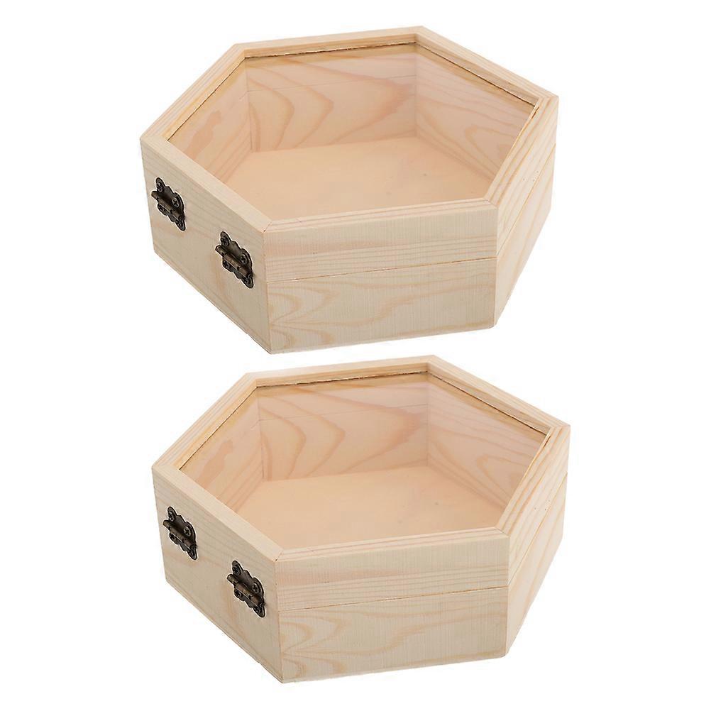Wooden Hexagon Box for Storage with Glass Lid 2Pcs Case for Dried Flowers