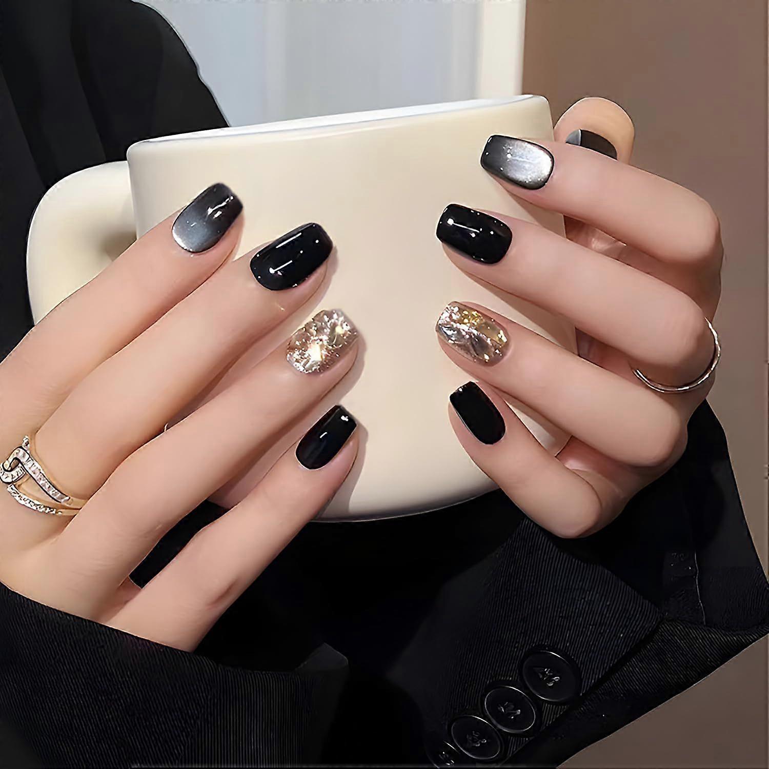 30Pcs Black, Glitter Modern Square Press-on False Nails, 12 Sizes, Full Cover