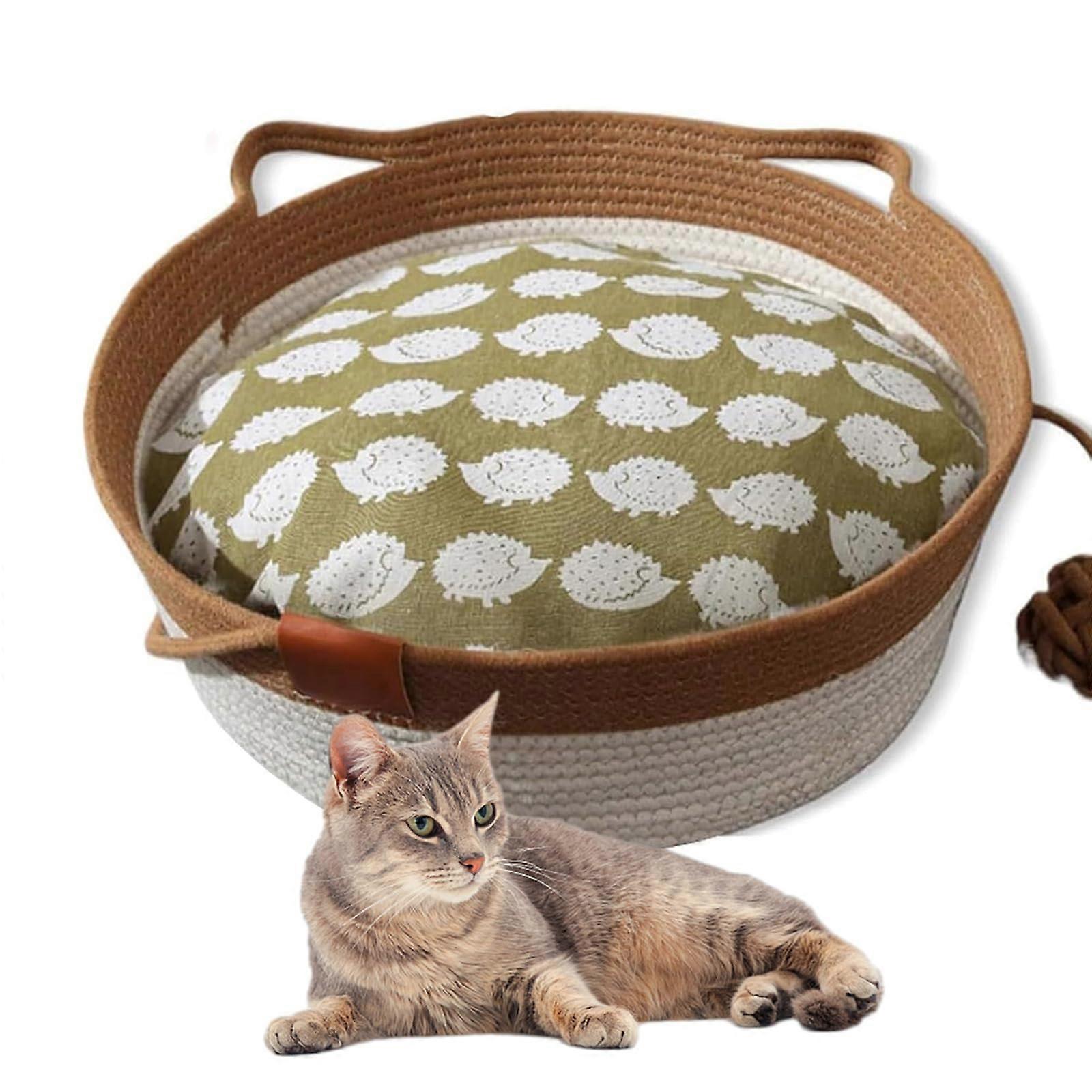 2 In 1 Woven Rope Cat Basket With 13/16 Inch Hand Woven Bed, BuiltIn Scratching Mat, Foldable Cat Bed Brown 16 Inch